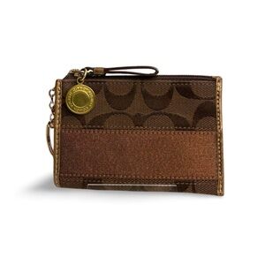 Coach Signature EUC Canvas Zip Card Case Keychain Brown Jacquard Metallic